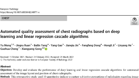 《European Radiology》最新文章：基于深度學習和線性回歸級聯(lián)算法的胸片自動質(zhì)量評價